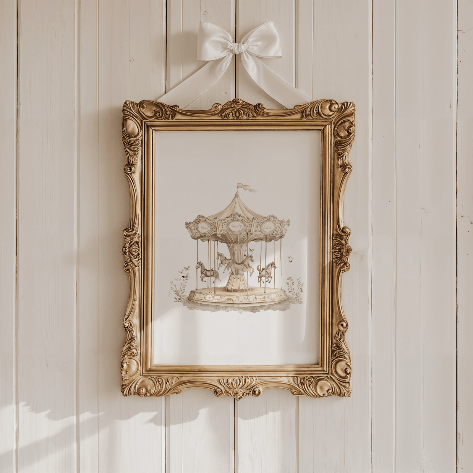 Close-up of a gold ornate-framed vintage carousel with butterflies for a baby girl's nursery on a beige panelled wall