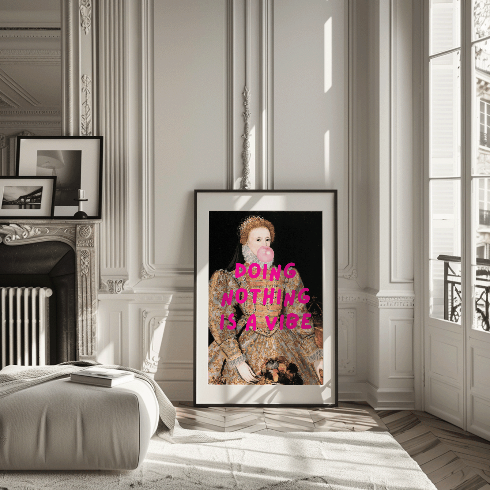 Vintage funny framed wall art print leaning on floor in elegant modern living room, that says 'doing nothing is a vibe'