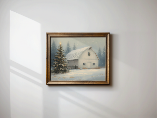 Whimsical vintage Christmas wall art featuring a snowy white barn and glowing Christmas tree, framed in rustic brown wood. Cozy winter landscape canvas print with soft snowfall, frosted pine trees, and a peaceful farmhouse scene — perfect for seasonal wall decor, country holiday home styling, or Christmas living room art.