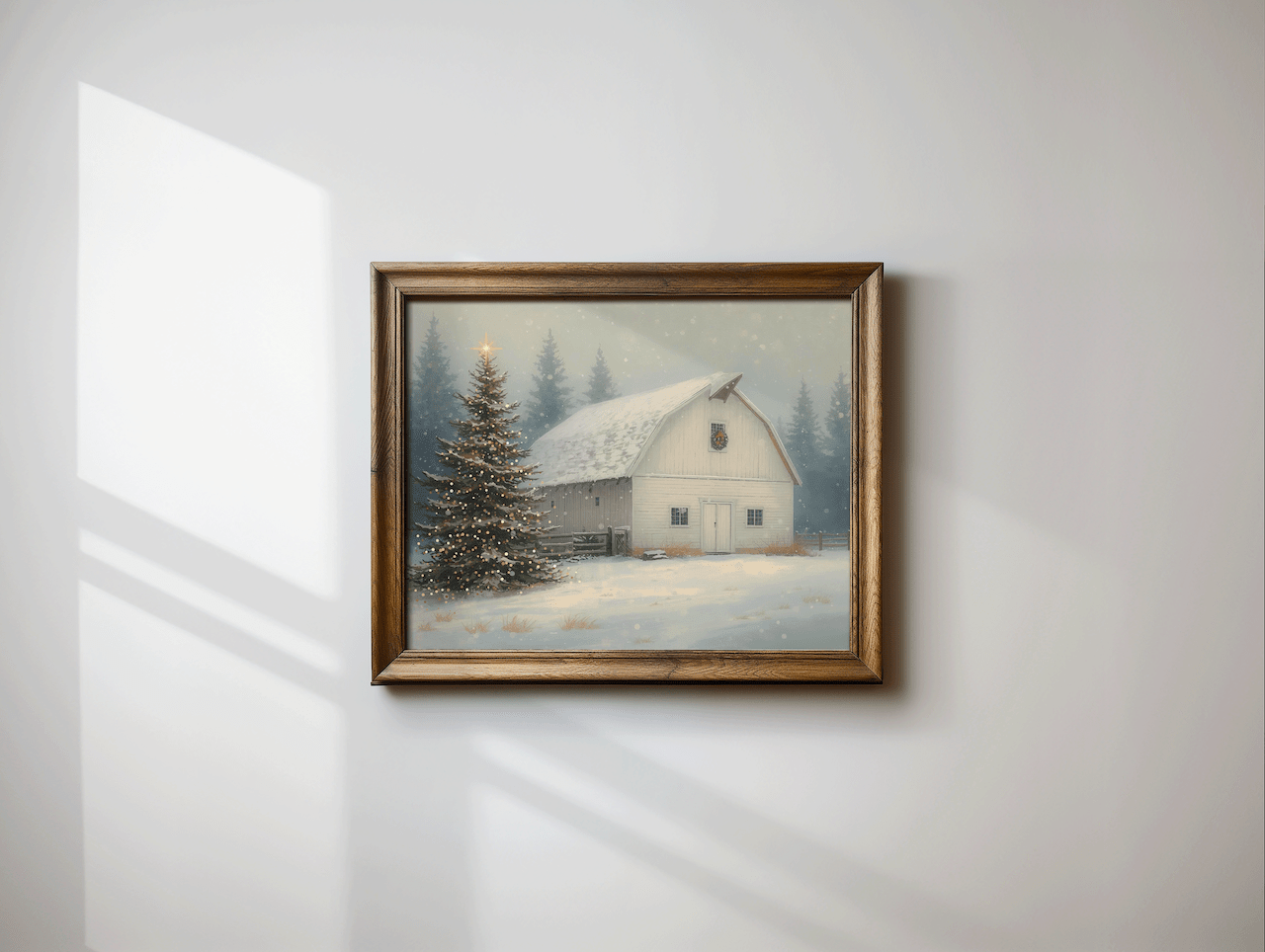 Whimsical vintage Christmas wall art featuring a snowy white barn and glowing Christmas tree, framed in rustic brown wood. Cozy winter landscape canvas print with soft snowfall, frosted pine trees, and a peaceful farmhouse scene — perfect for seasonal wall decor, country holiday home styling, or Christmas living room art.