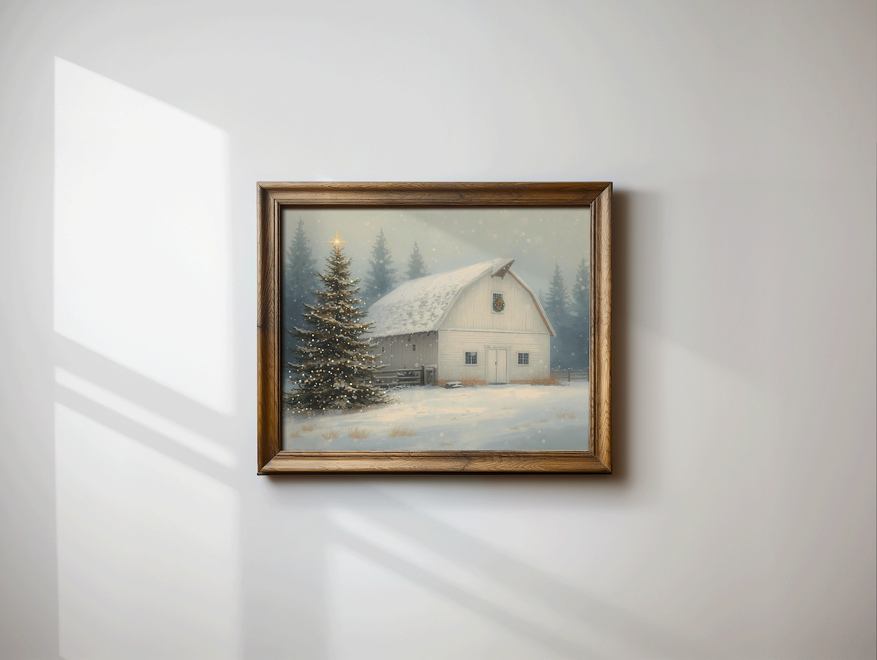 Whimsical vintage Christmas wall art featuring a snowy white barn and glowing Christmas tree, framed in rustic brown wood. Cozy winter landscape canvas print with soft snowfall, frosted pine trees, and a peaceful farmhouse scene — perfect for seasonal wall decor, country holiday home styling, or Christmas living room art.