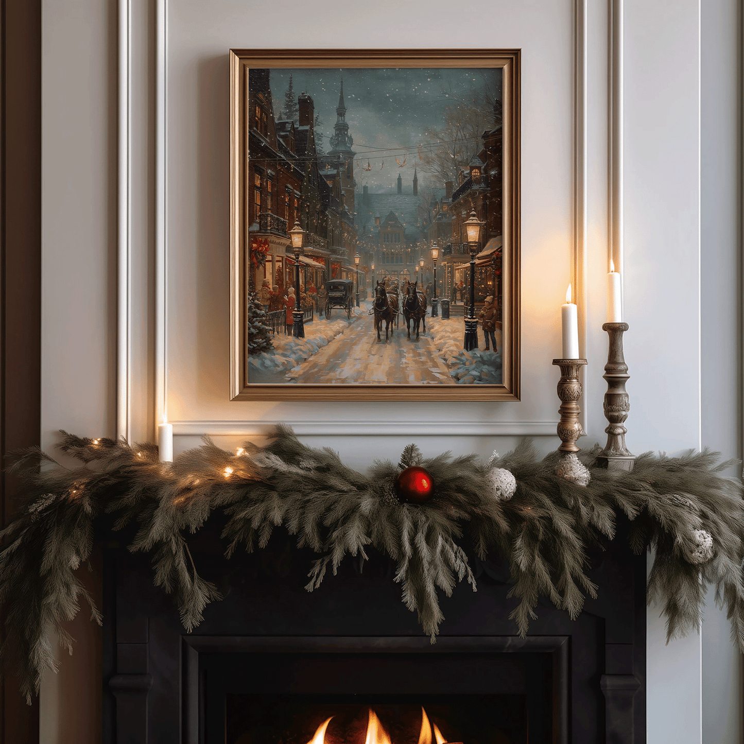 A vintage Christmas winter village painting in a gold frame displayed above a fireplace mantel decorated with evergreen garland, candles, and soft holiday lighting, featuring a snowy street with horse-drawn carriage, glowing shop windows, and Old World festive charm.