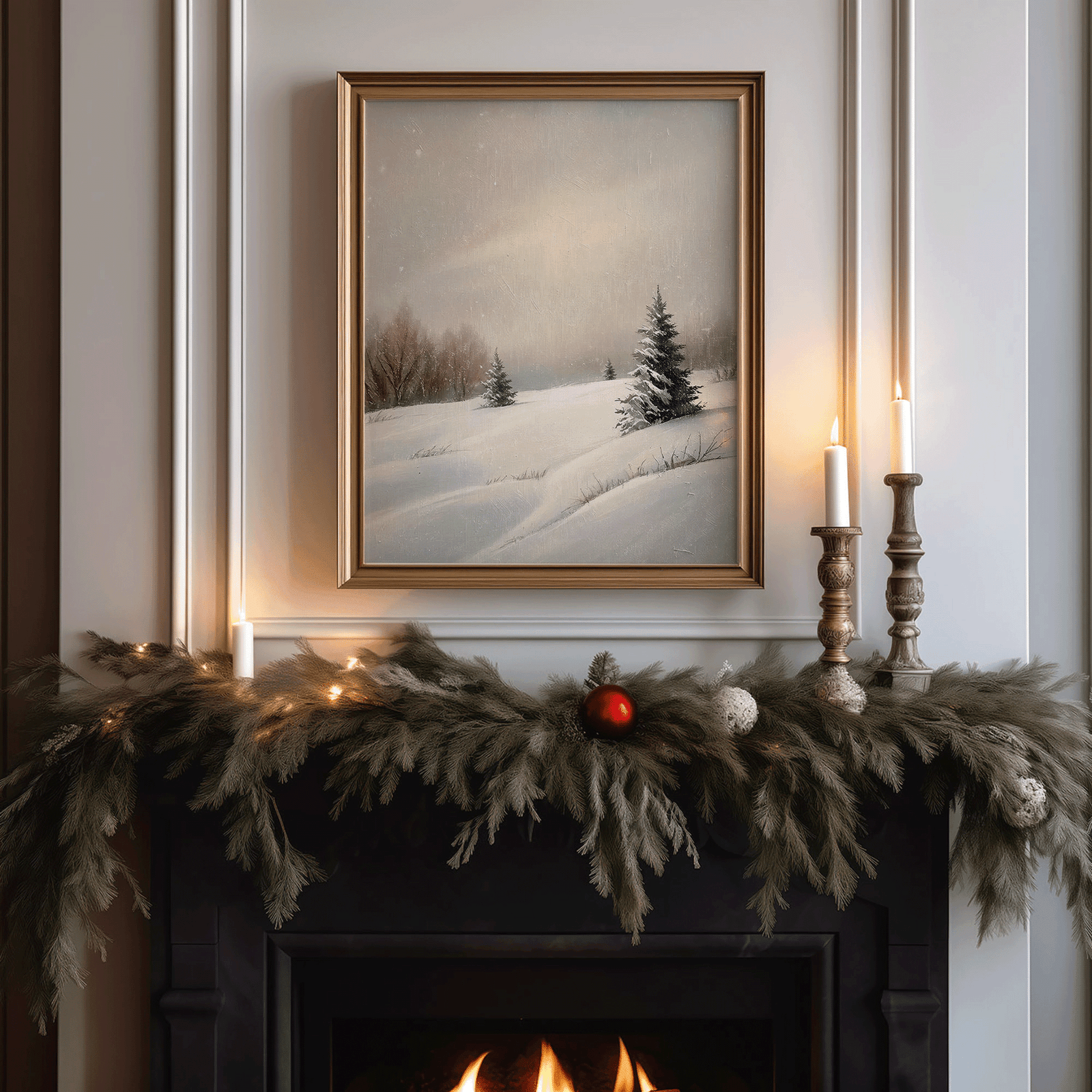 Gold-framed snowy hill landscape hanging above a Christmas mantel decorated with cedar garland, white candles, and soft warm lighting
