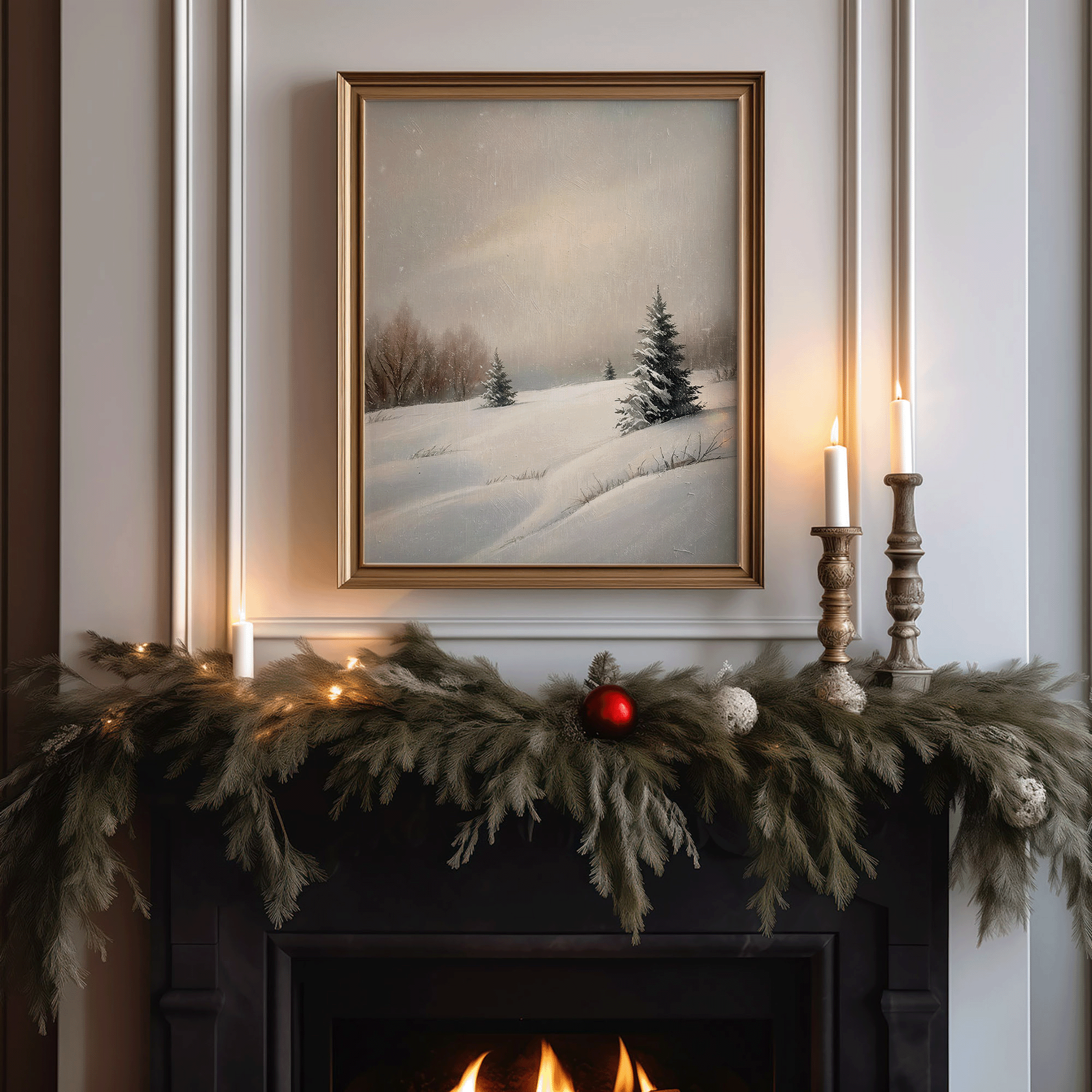 Gold-framed snowy hill landscape hanging above a Christmas mantel decorated with cedar garland, white candles, and soft warm lighting