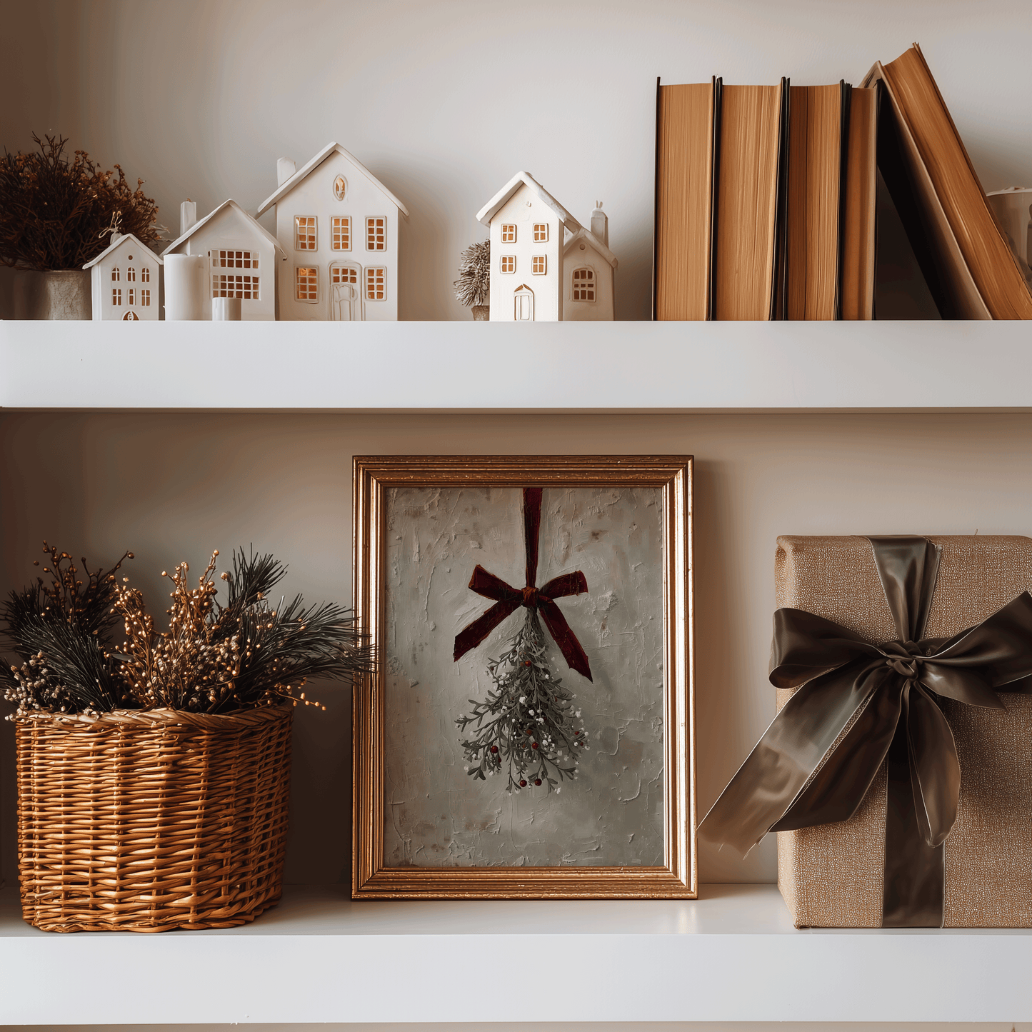 vintage mistletoe christmas print in an elegant gold frame styled on a holiday shelf with decor accents, rustic moody seasonal wall art for entryway consoles, living room bookshelves, or festive home decor