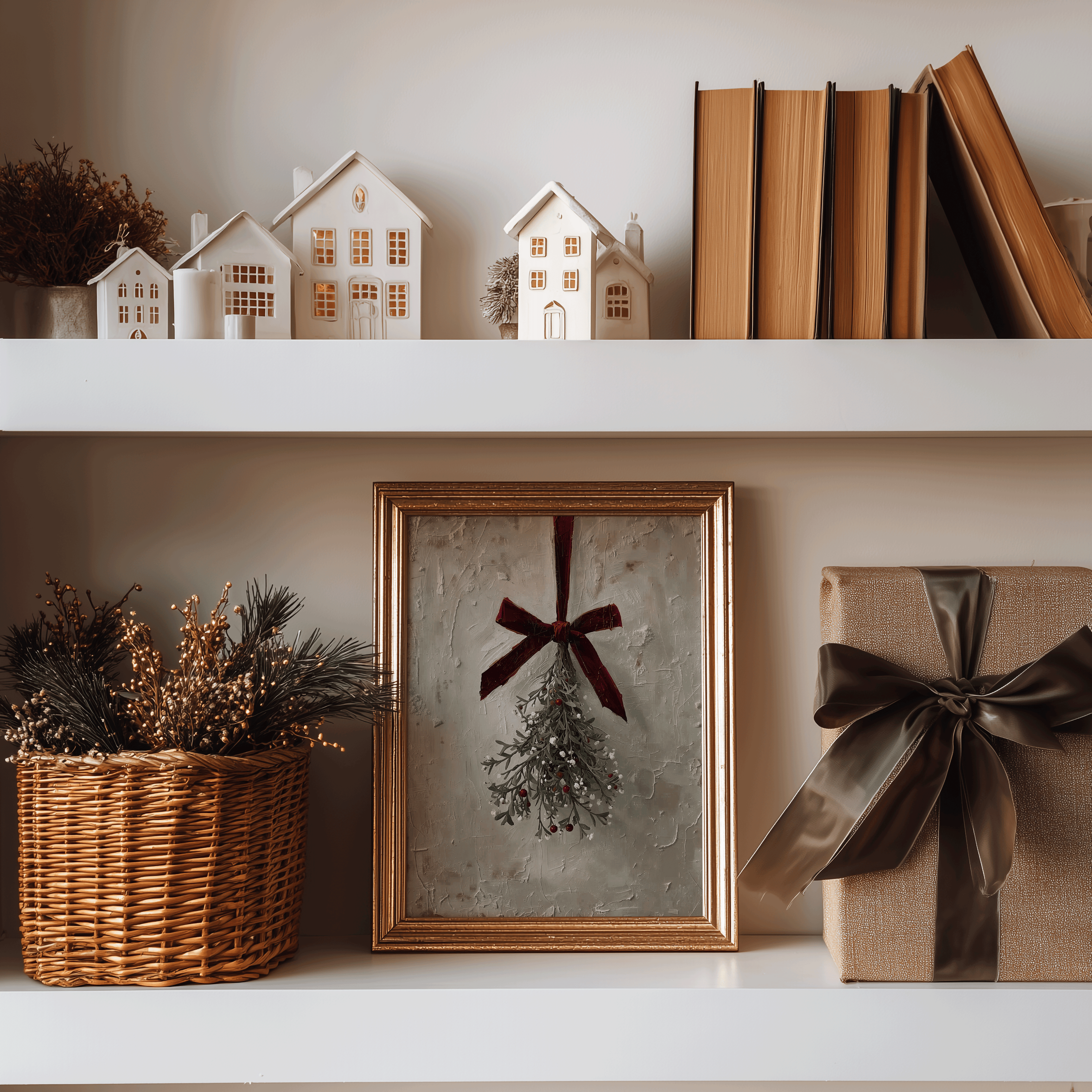 vintage mistletoe christmas print in an elegant gold frame styled on a holiday shelf with decor accents, rustic moody seasonal wall art for entryway consoles, living room bookshelves, or festive home decor