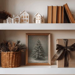 Vintage Christmas tree print in soft neutral tones on a holiday shelf beside books and wrapped gifts