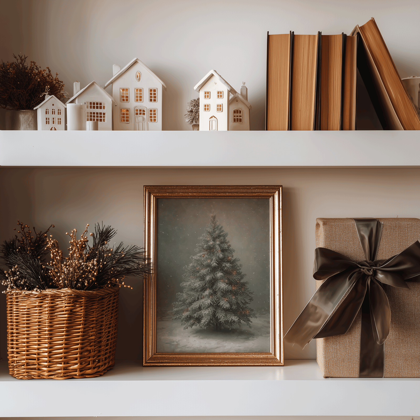 Vintage Christmas tree print with soft neutral hues displayed on a holiday shelf beside books and wrapped gifts for elegant winter home styling. Ralph Lauren classic Christmas holiday wall decor.