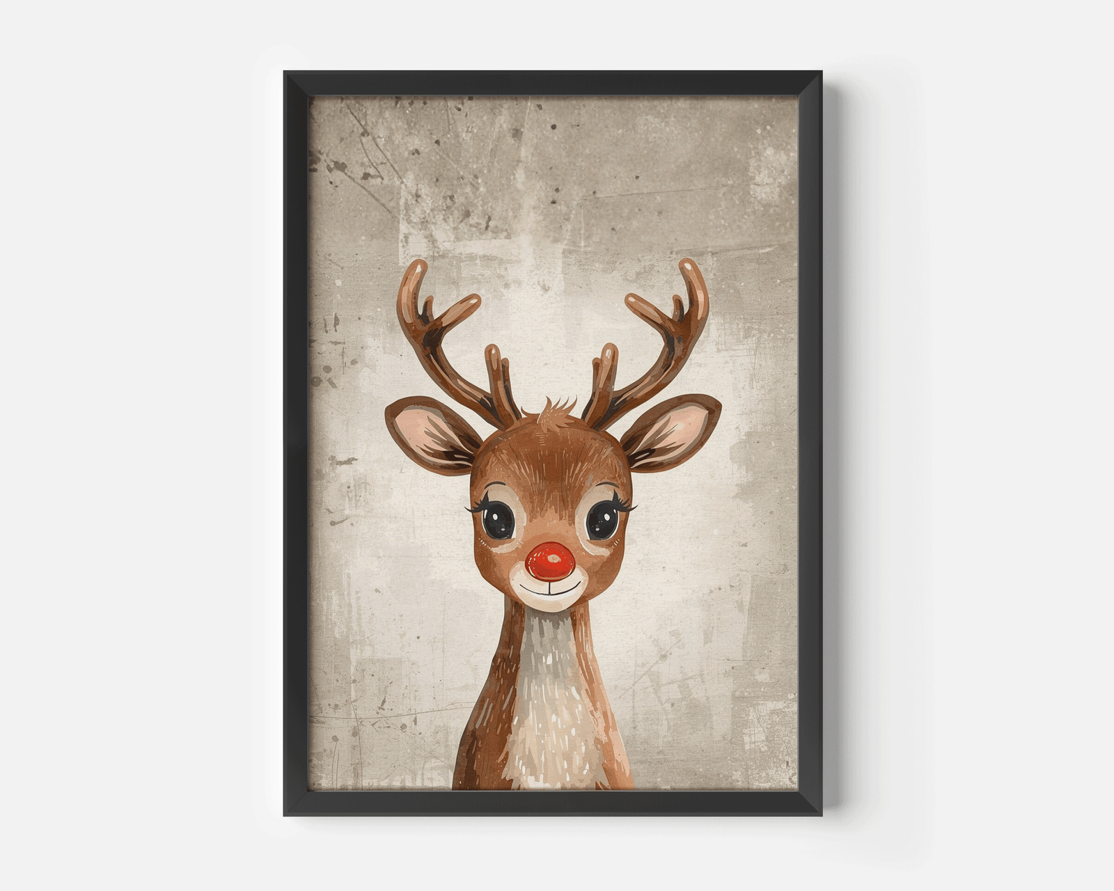 Framed Rudolph reindeer vintage Christmas wall art print with red nose and textured beige background, perfect for cozy neutral holiday home décor or nursery Christmas gifts. Black frame on a white wall.