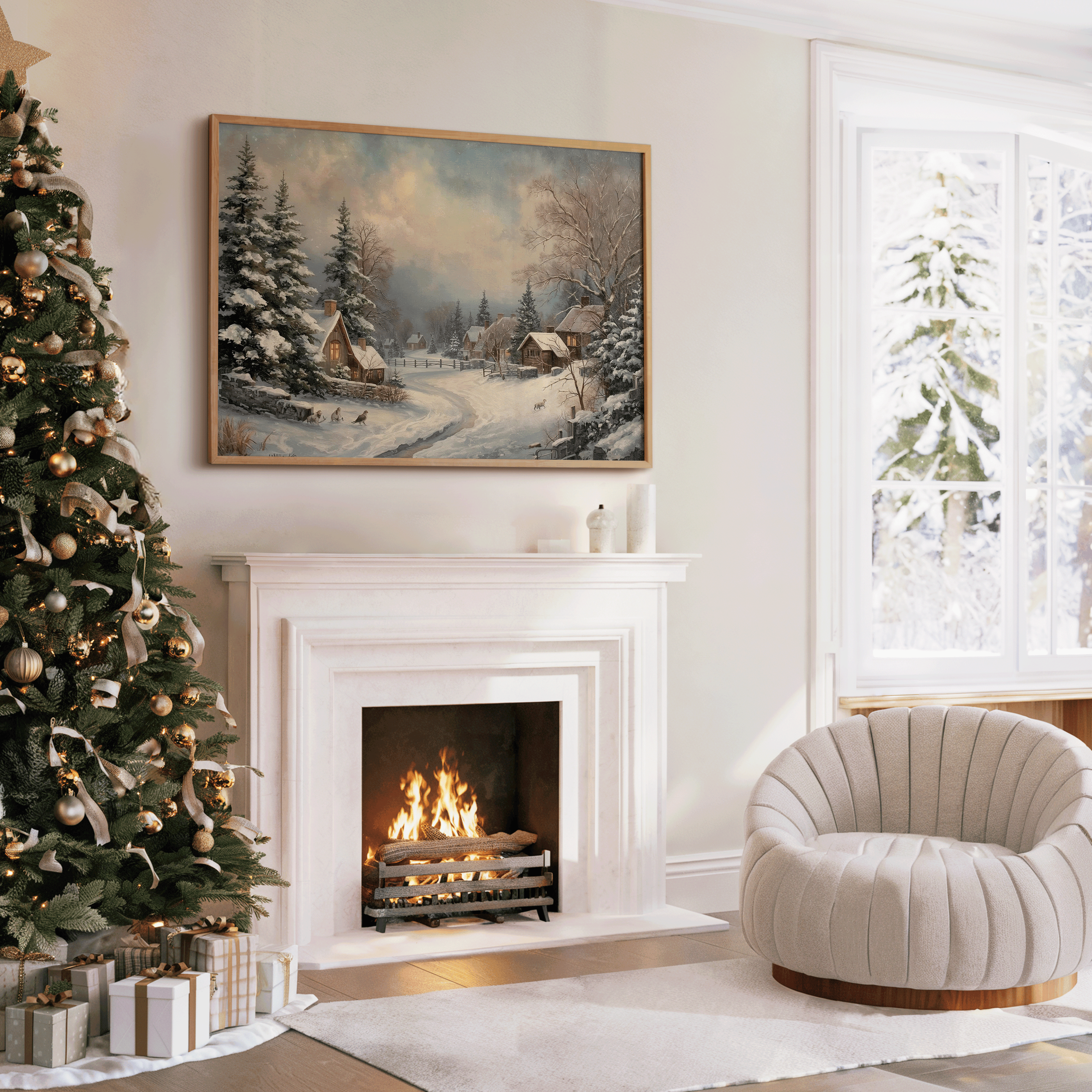 Christmas living room with snowy village wall art with a whimsical style, framed above white mantel and decorated tree with ornaments 