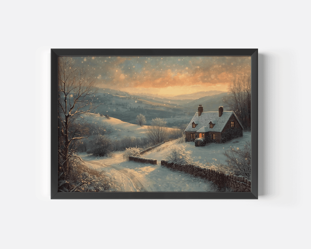 Vintage winter landscape print of a snow-covered cottage under a glowing twilight sky in a black frame