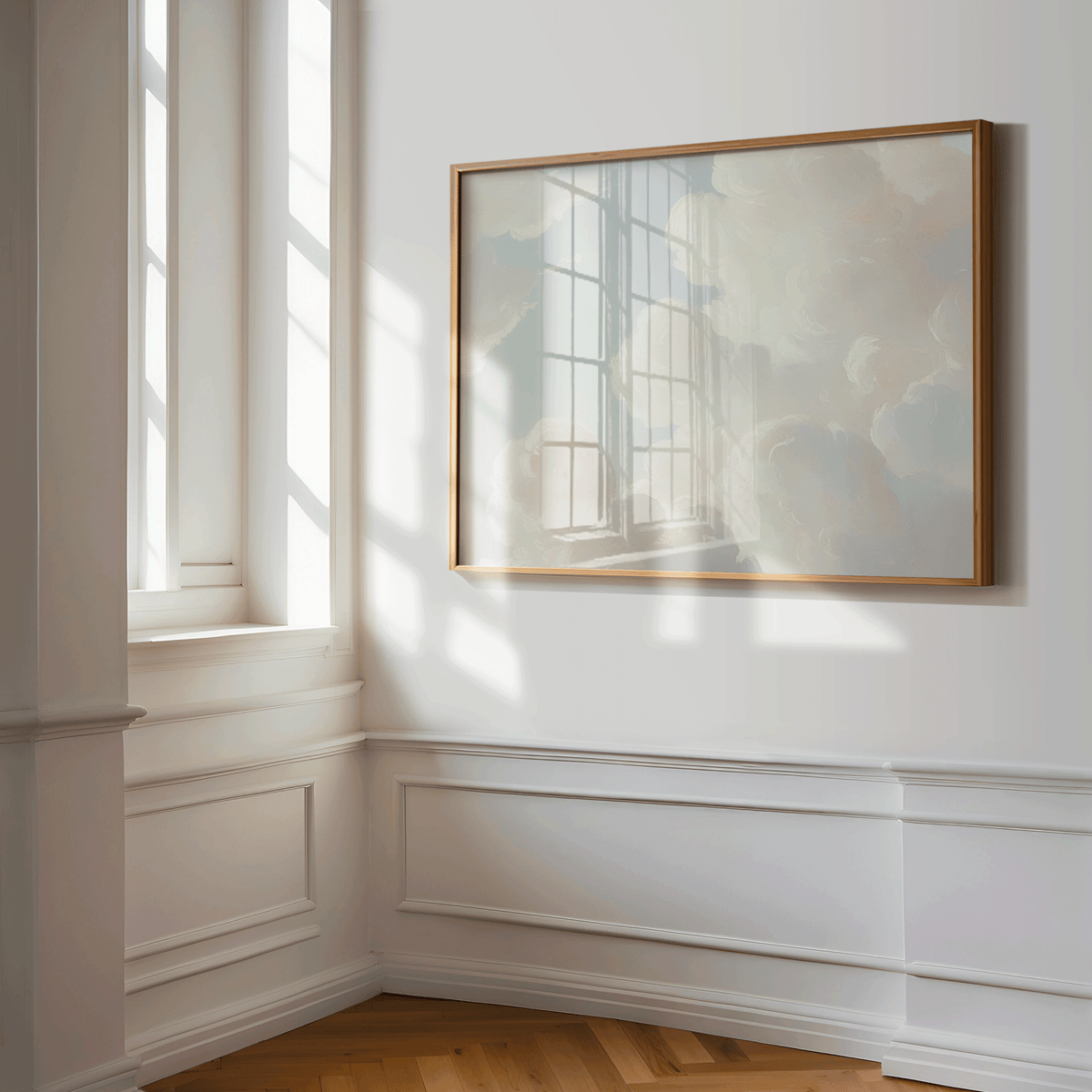Large framed cloud canvas print with golden frame in hallway corner with sunlight