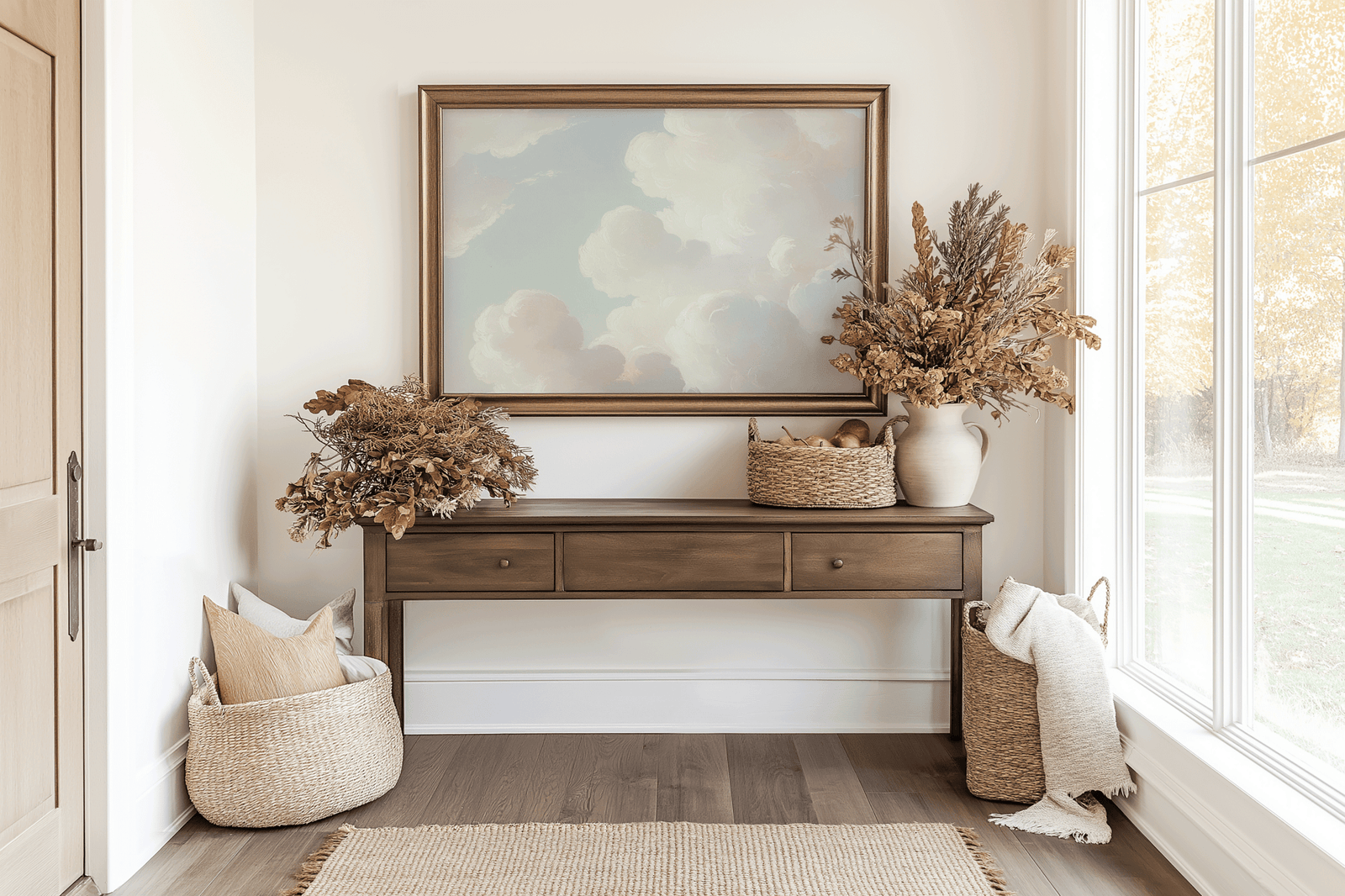 Horizontal framed cloud wall art above wooden console table with autumn decor