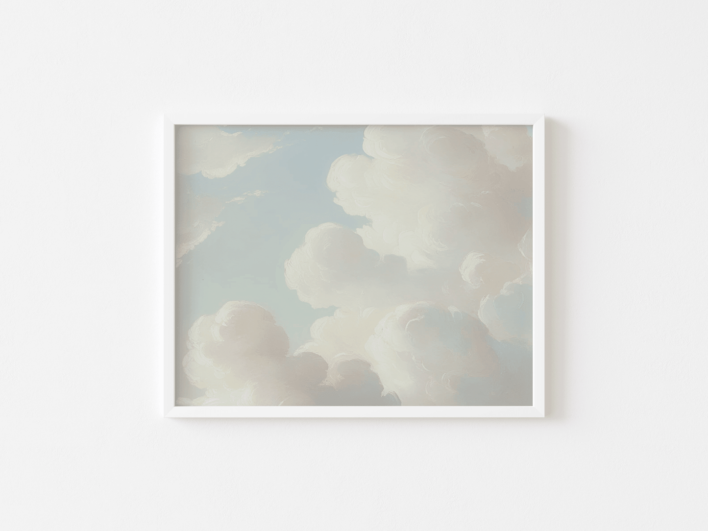 Minimalist white frame showcasing vintage style cloud wall art against a white background