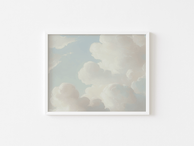 Minimalist white frame showcasing vintage style cloud wall art against a white background