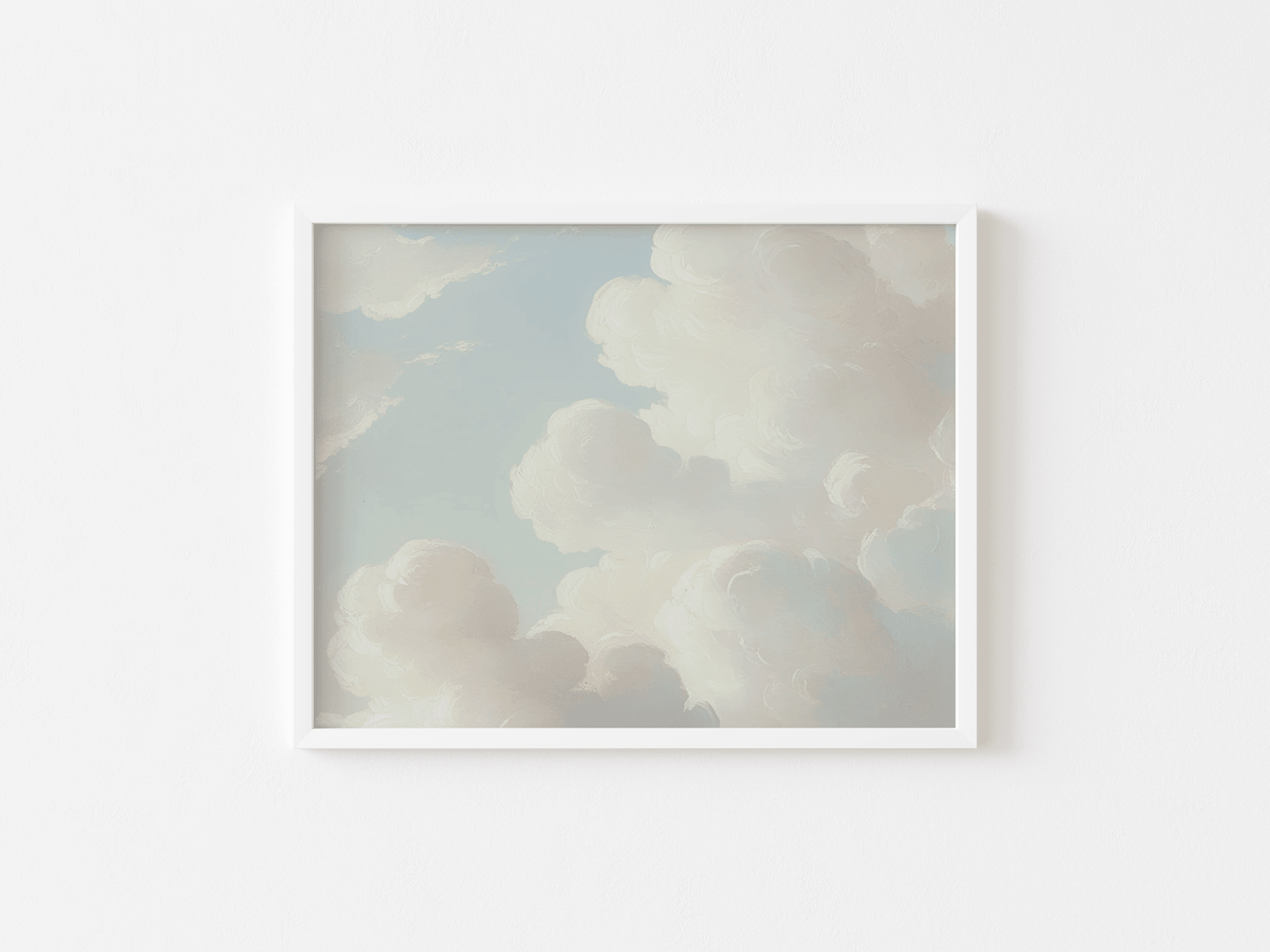 Minimalist white frame showcasing vintage style cloud wall art against a white background