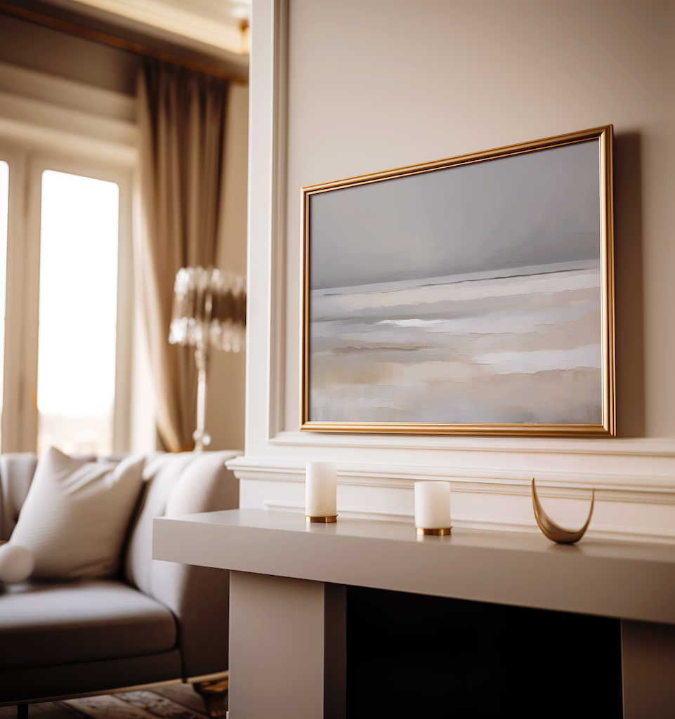Modern dining room with a muted coastal beach landscape wall art painting framed above a fireplace.