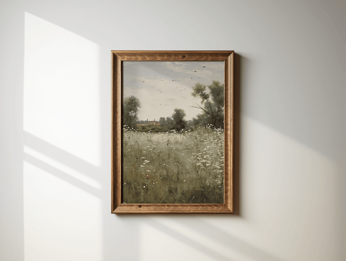 Vintage countryside landscape wall art in rustic wood frame with meadow and wildflowers