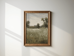 Vintage countryside landscape wall art in rustic wood frame with meadow and wildflowers
