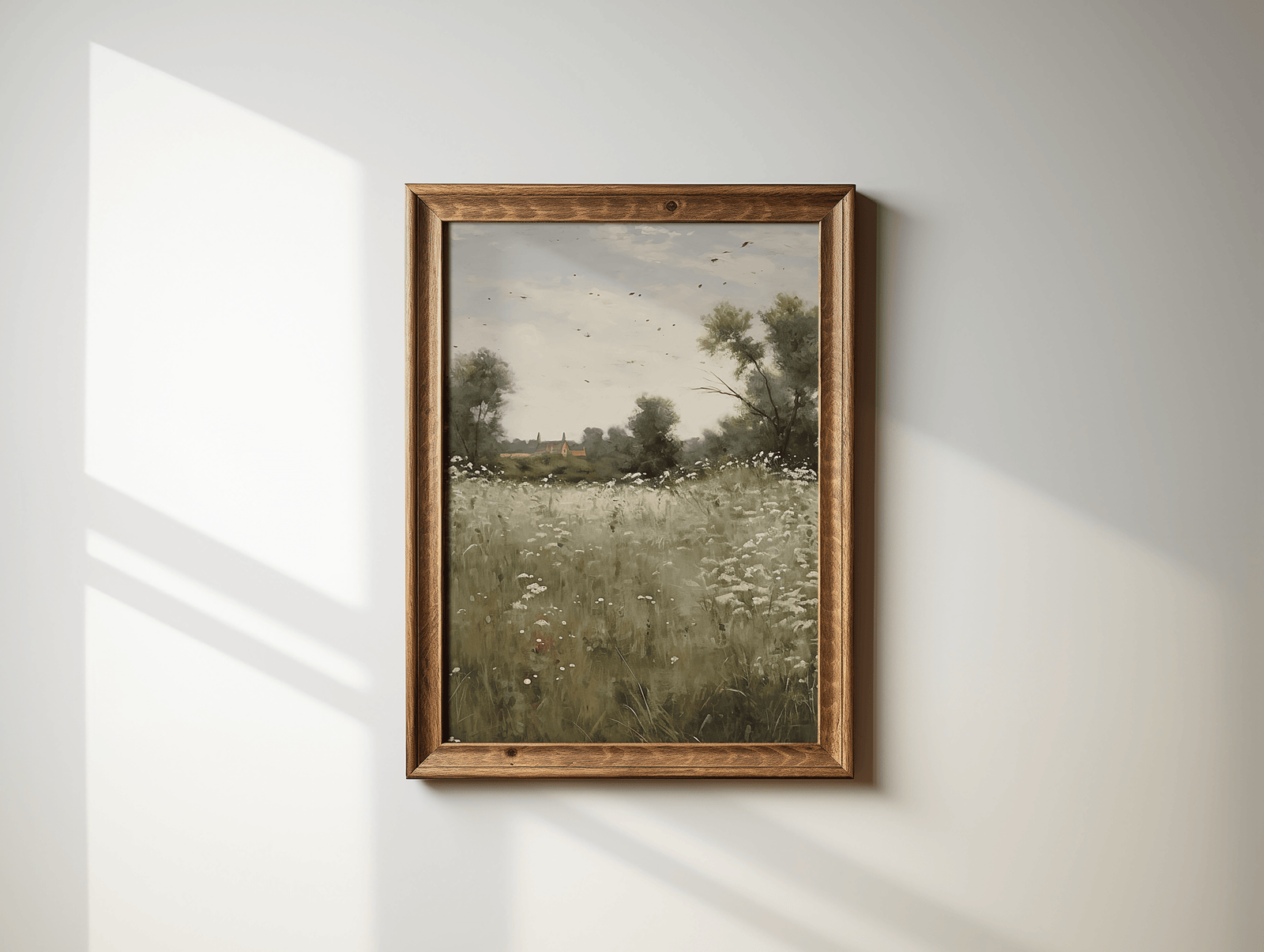 Vintage countryside landscape wall art in rustic wood frame with meadow and wildflowers