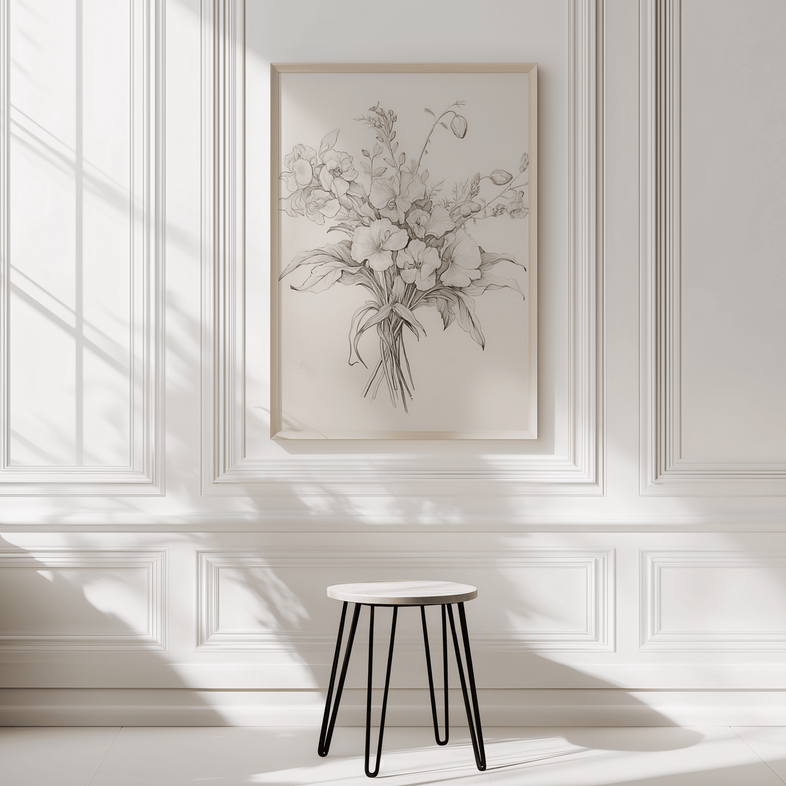 oversized vintage Botanical canvas wall art in a light wood frame on a white panelled wall with a small stool