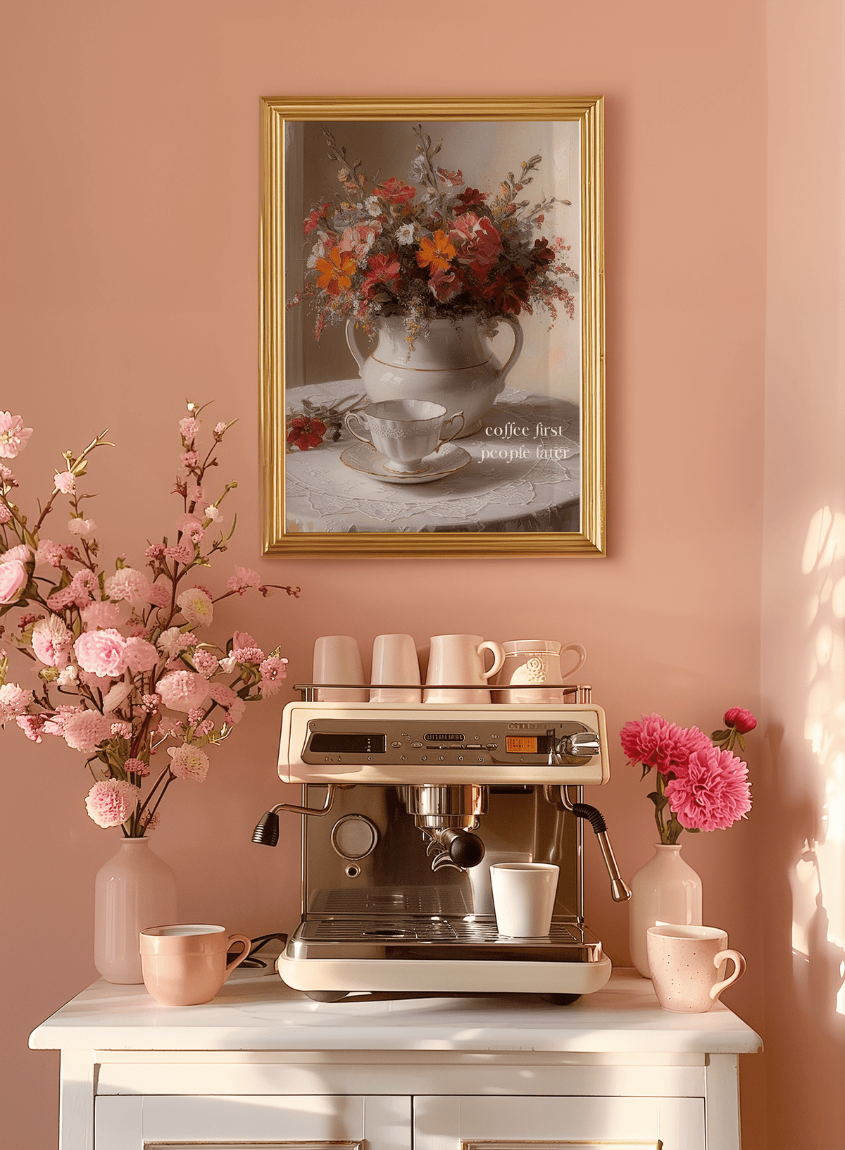 Vintage floral coffee print in a gold frame on a peach wall above an espresso machine with pink blossoms