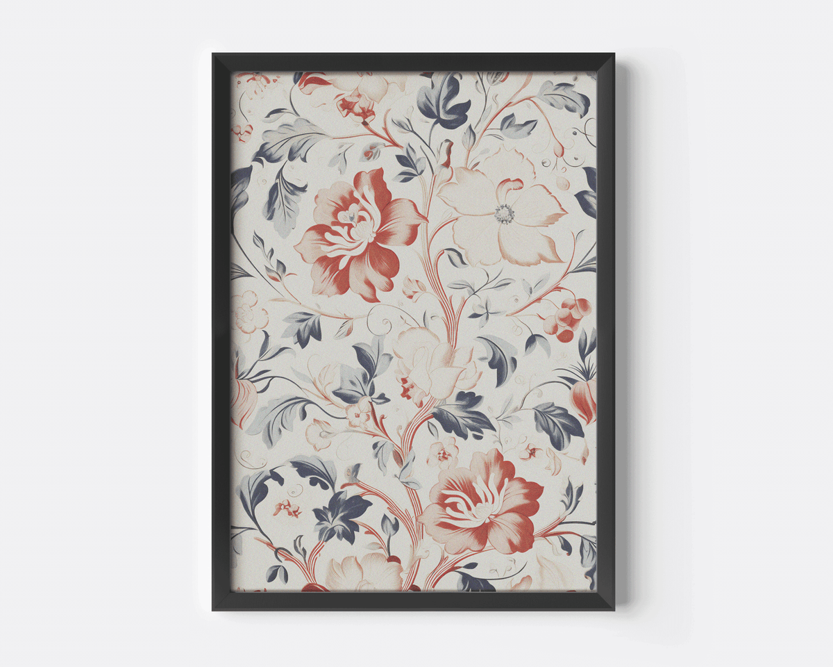 Vintage floral print in navy, rust red and beige in a black frame