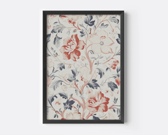 Vintage floral print in navy, rust red and beige in a black frame