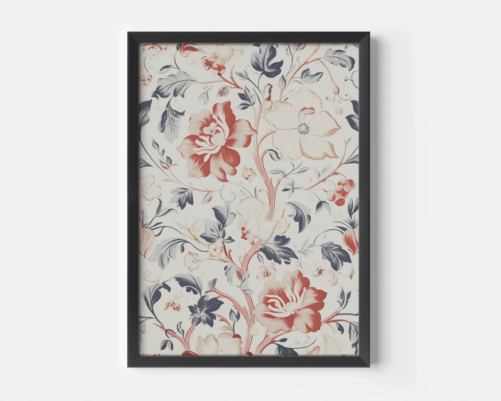 Vintage floral print in navy, rust red and beige in a black frame