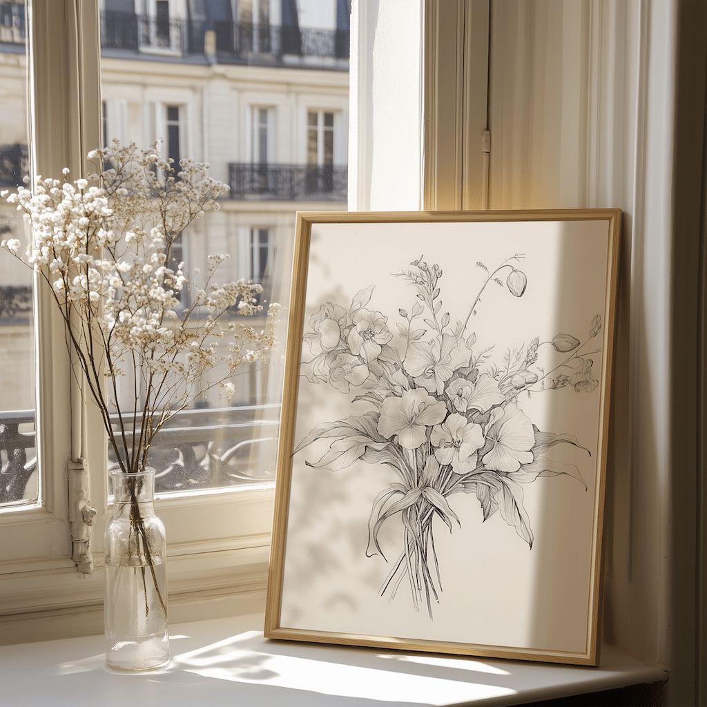 Sunlit framed flower wall art print framed and leaning on a windowsill with baby’s breath in a glass bottle