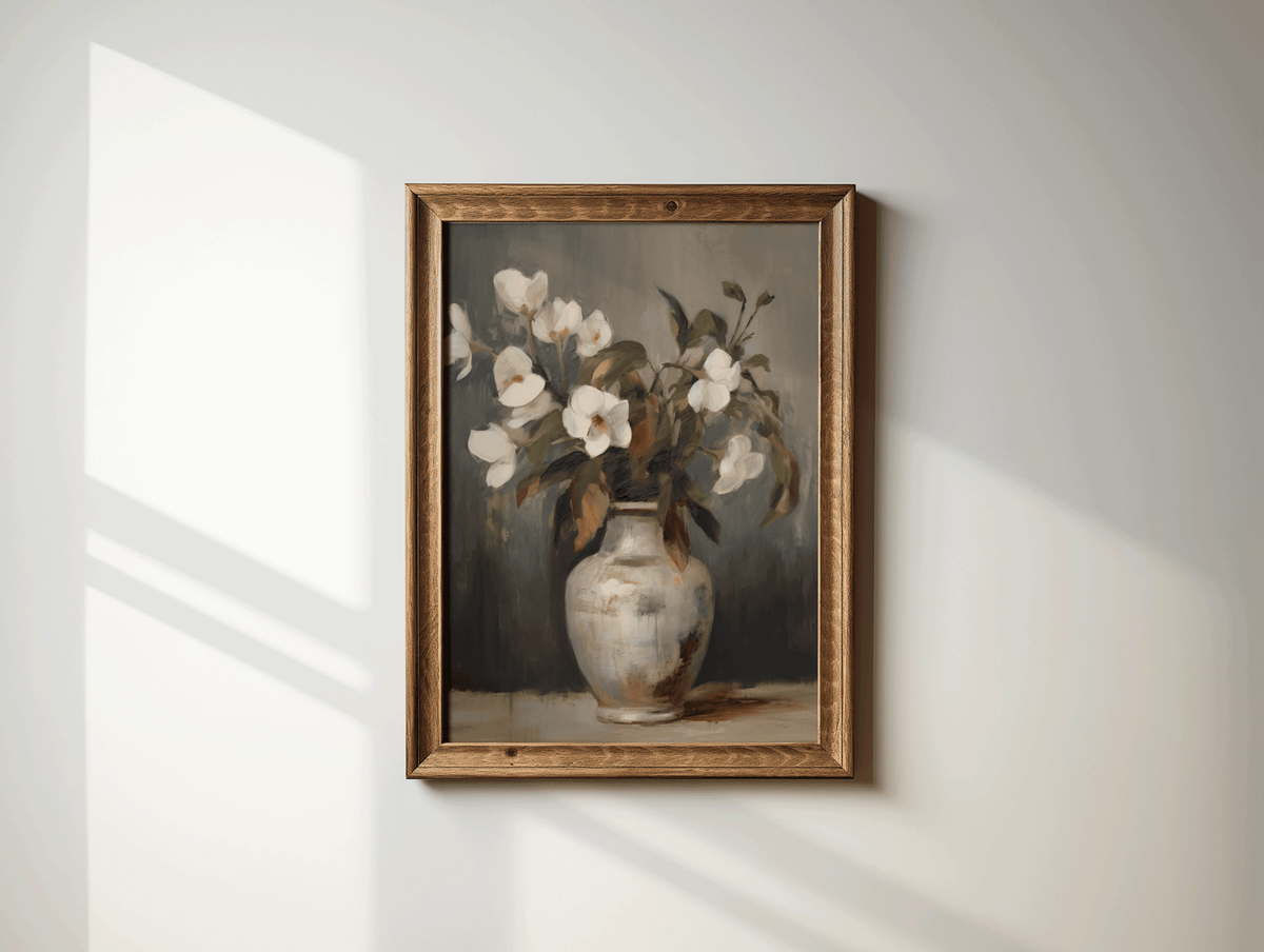 Close-up of vintage floral still life canvas wall art print with soft neutral flowers