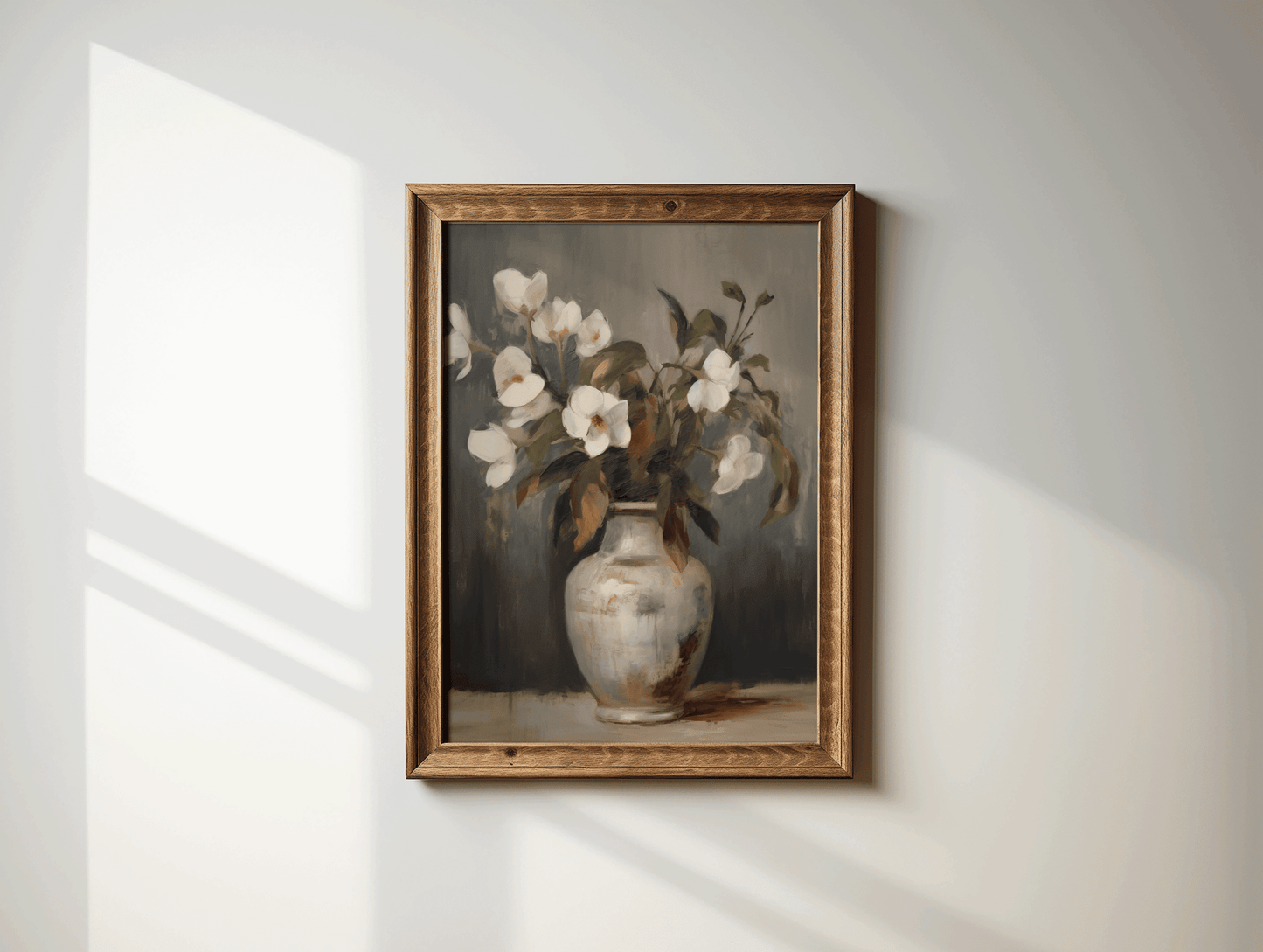 Close-up of vintage floral still life canvas wall art print with soft neutral flowers