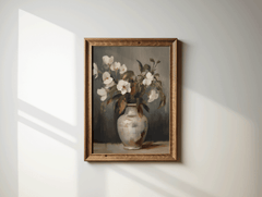 Close-up of vintage floral still life canvas wall art print with soft neutral flowers