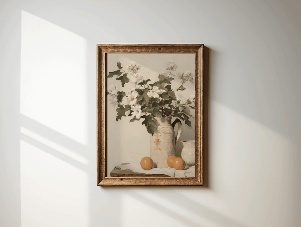 Vintage floral still life large wall art brown-framed with soft neutral muted tones and French country vibe