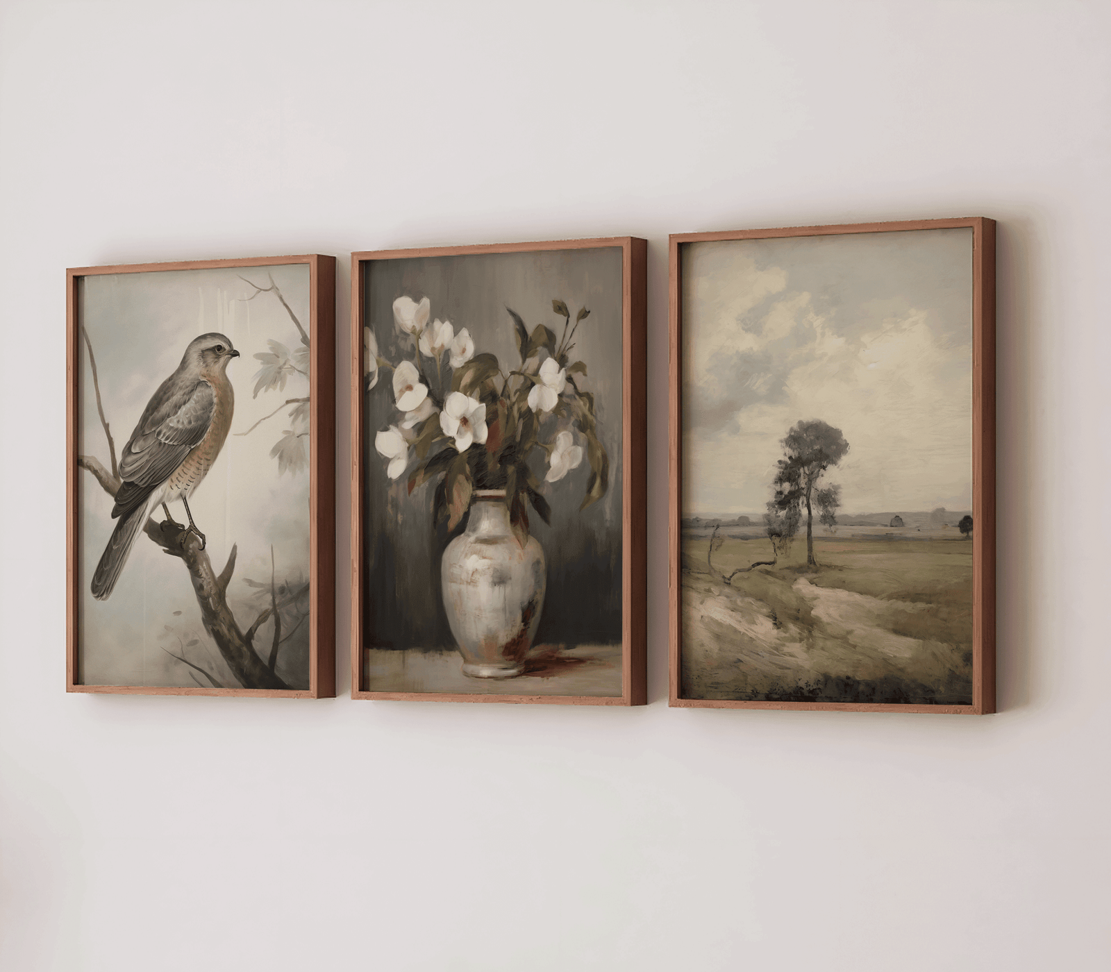 Set of 3 vintage floral wall art prints vertical layout in soft neutral tones