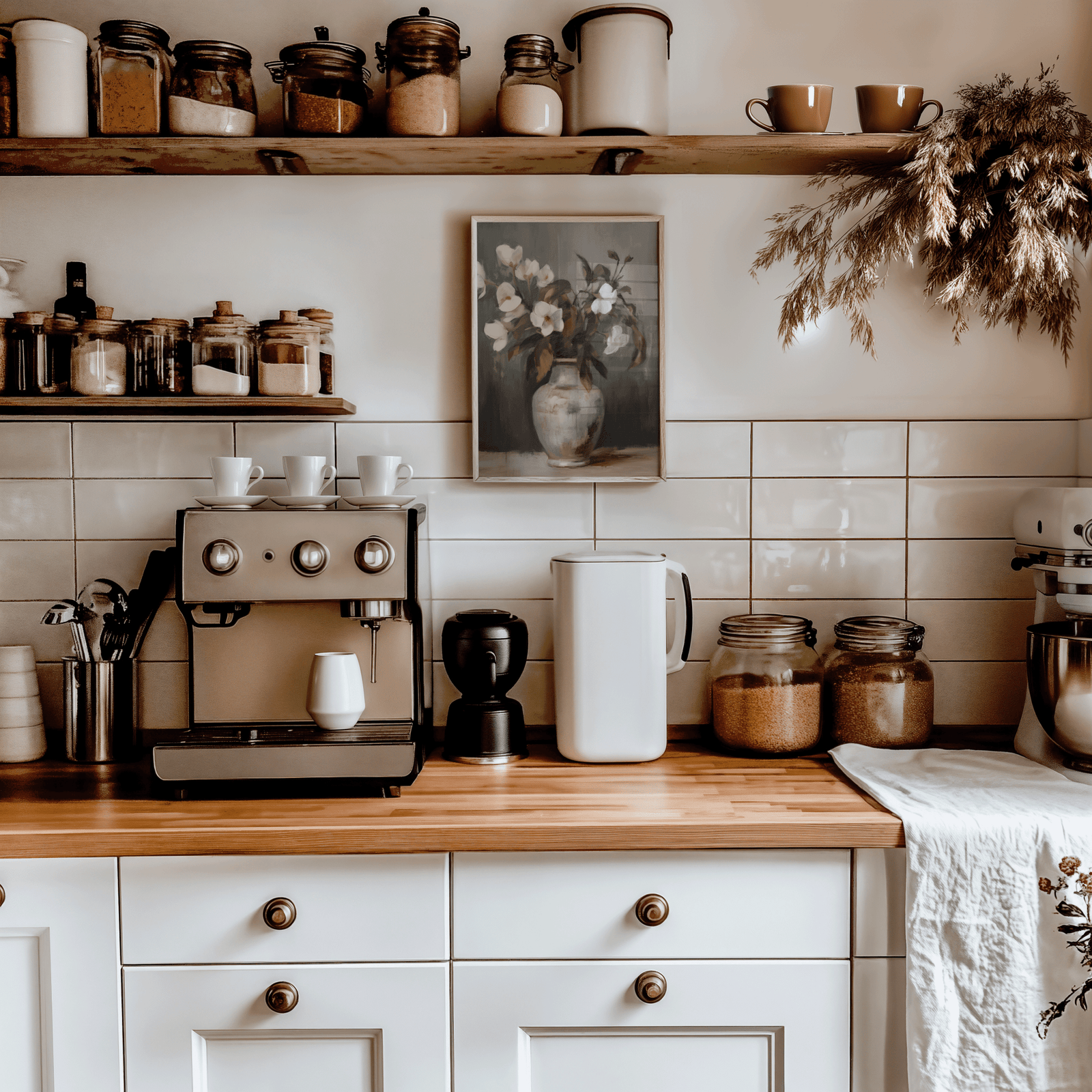 Vintage floral still life wall art in wood frame on tiled kitchen wall above coffee machine 