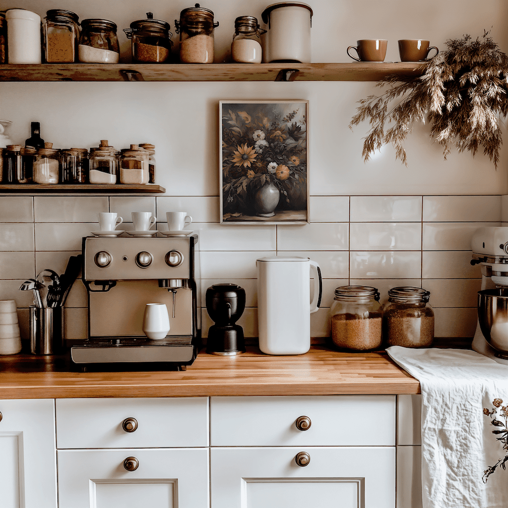 Vintage flower still life print in a rustic kitchen with open shelves and an espresso machine