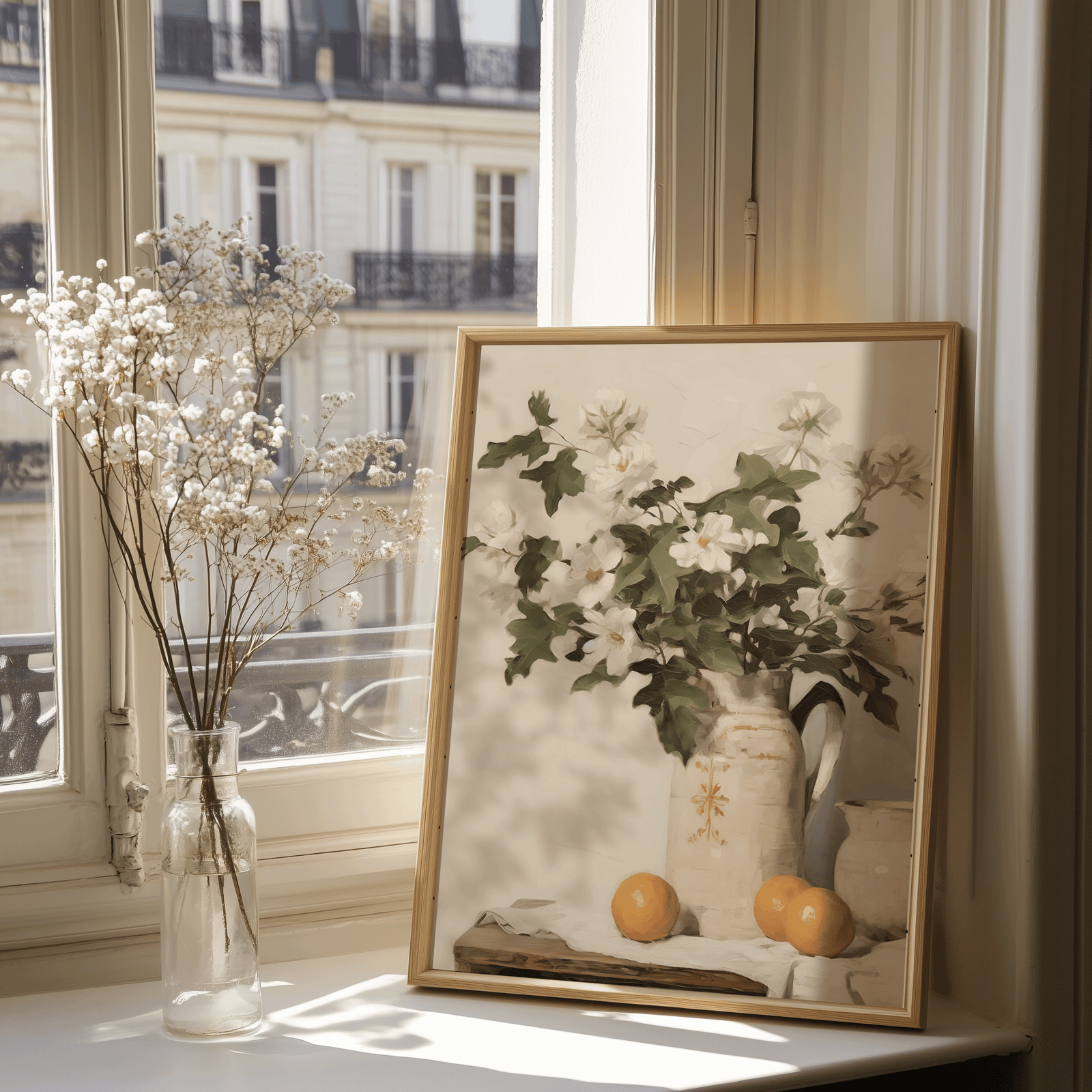 Vintage French country large wall art framed with floral still life canvas styled by window in soft natural light