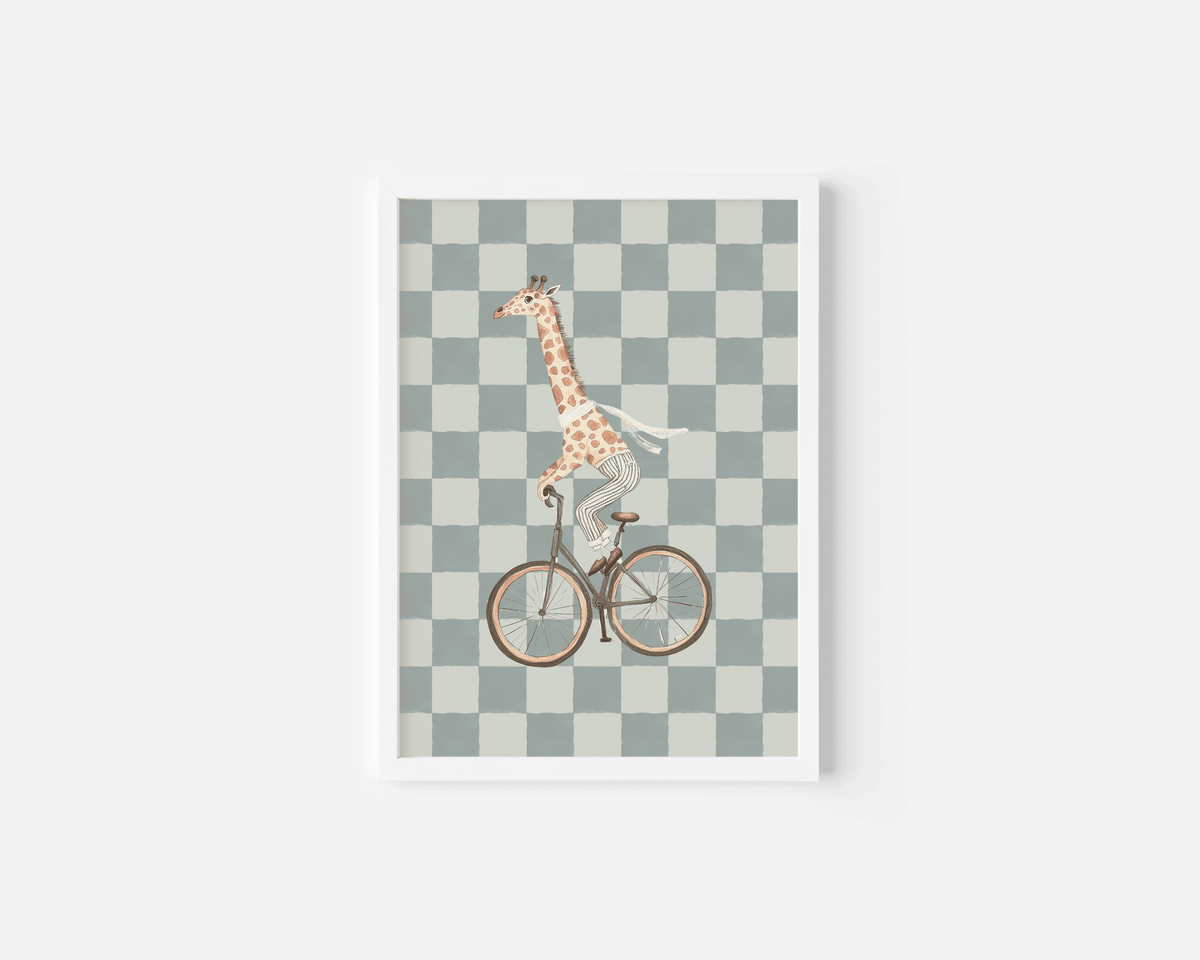 Close-up of a white-framed vintage giraffe nursery print in sage green and beige