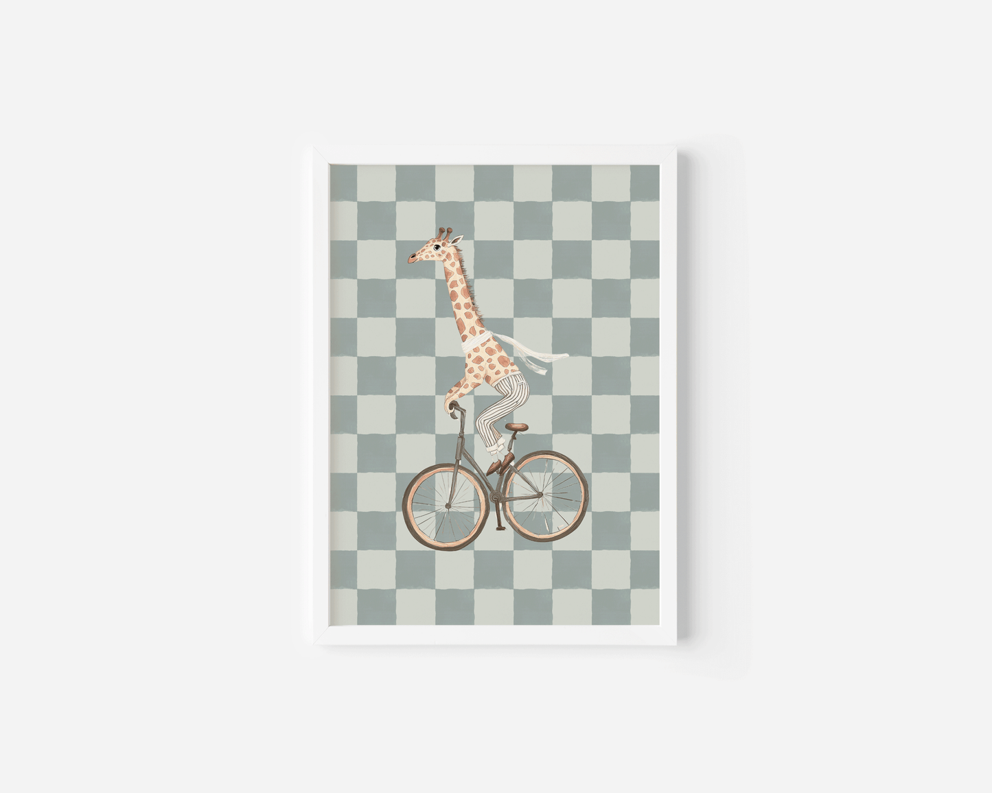 Close-up of a vintage giraffe nursery wall art with a white frame in sage green and beige tones, framed canvas print for baby nursery or toddler room decor