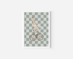 Close-up of a white-framed vintage giraffe nursery print in sage green and beige