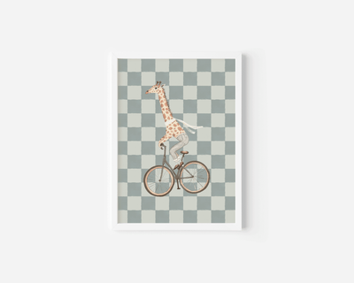 Close-up of a vintage giraffe nursery wall art with a white frame in sage green and beige tones, framed canvas print for baby nursery or toddler room decor