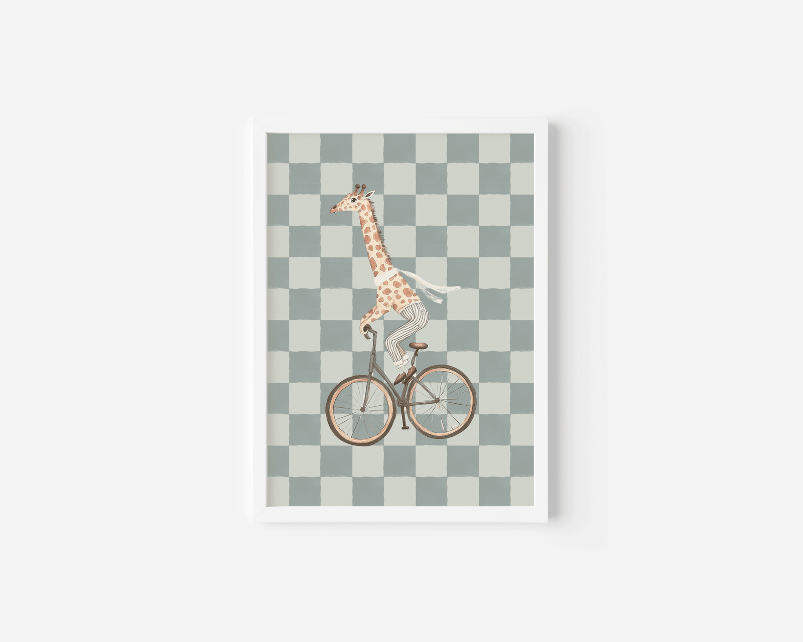 Close-up of a vintage giraffe nursery wall art with a white frame in sage green and beige tones, framed canvas print for baby nursery or toddler room decor