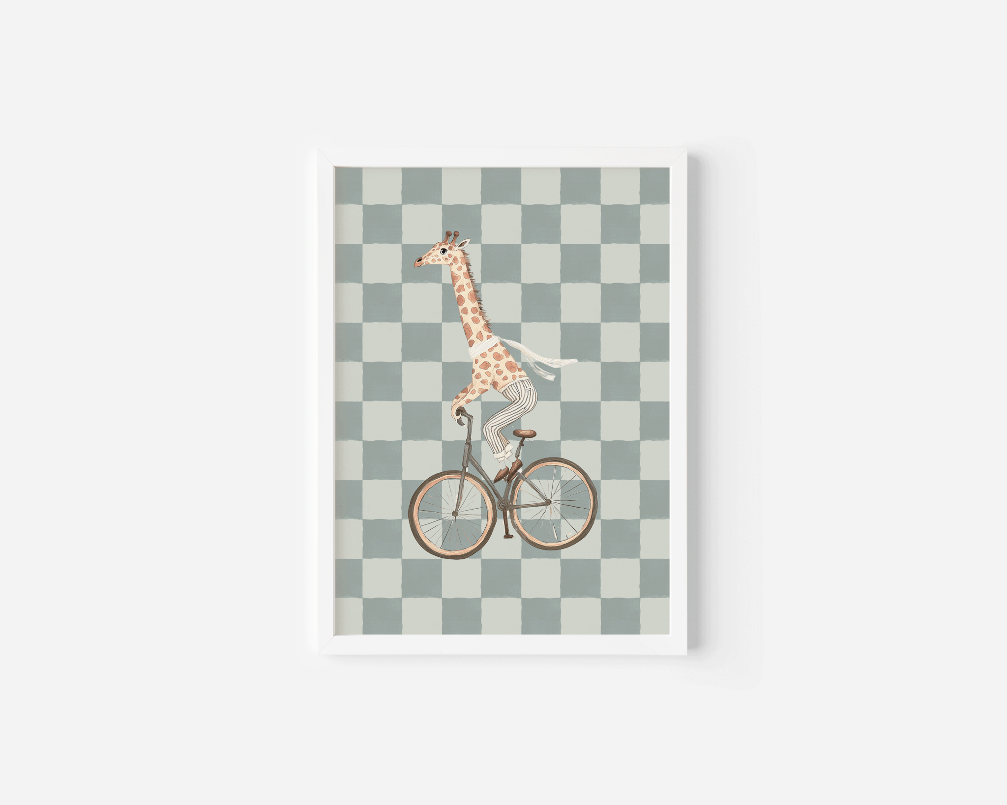 Close-up of a vintage giraffe nursery wall art with a white frame in sage green and beige tones, framed canvas print for baby nursery or toddler room decor