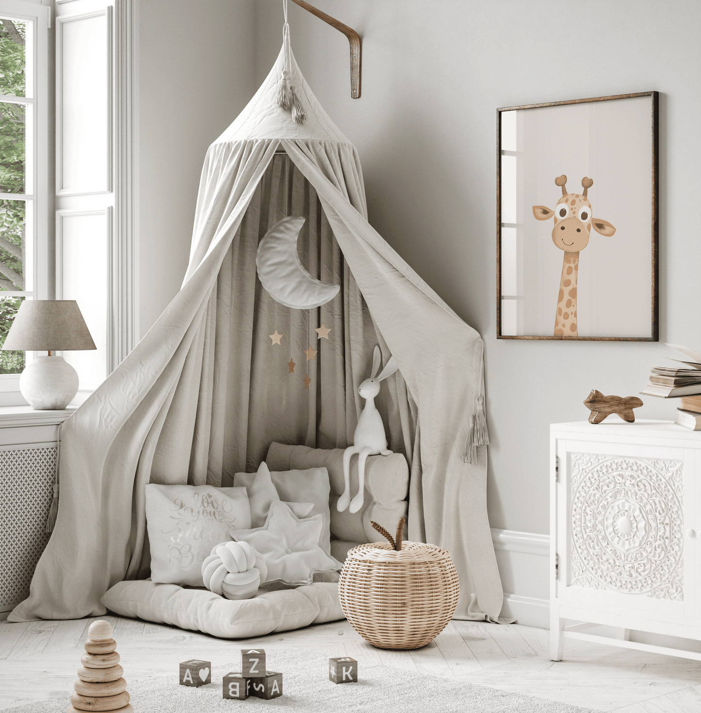 vintage boho giraffe wall art for nursery in soft boho baby room decor with canopy and wooden toys