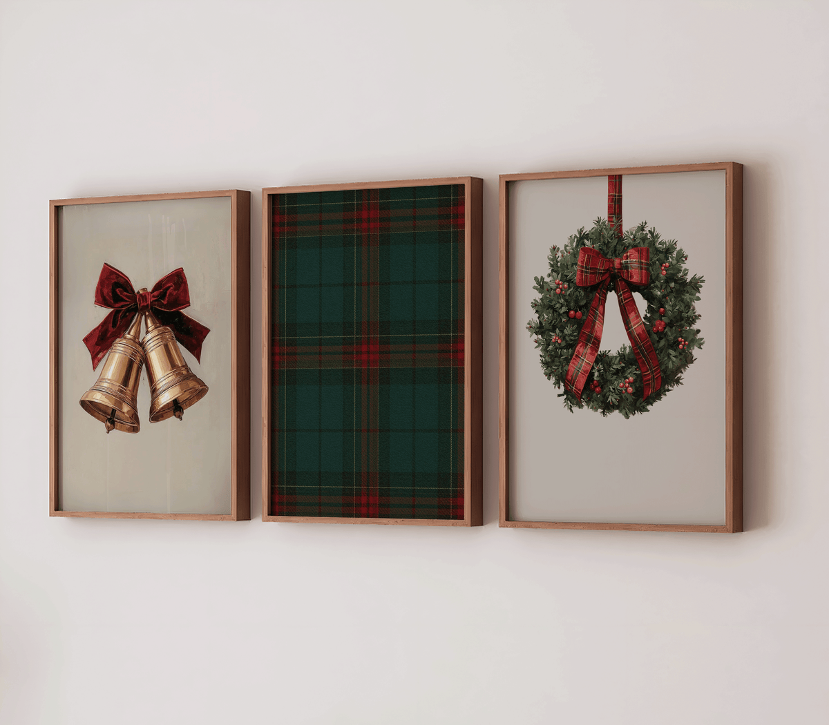 Set of three Christmas prints with vintage gold bells, tartan plaid and a classic wreath