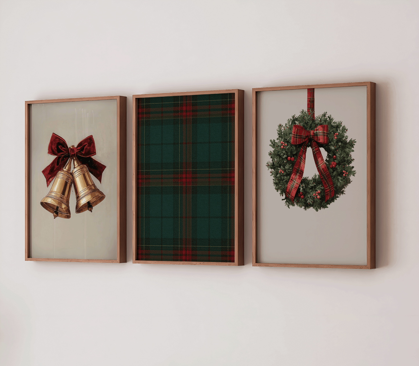 Three-piece Christmas wall art set featuring vintage gold bells with a red velvet bow, rich tartan plaid, and a classic wreath — styled in a Ralph Lauren Christmas look with traditional, upscale holiday décor.