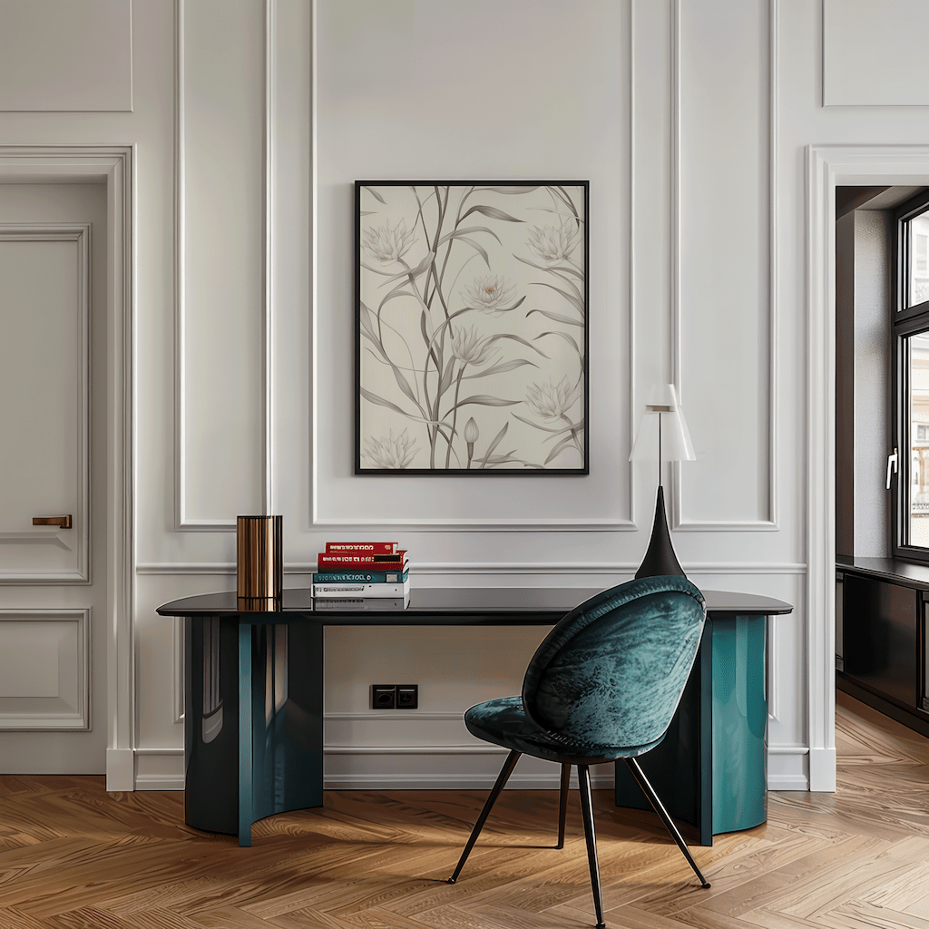 vintage botanical floral canvas wall art in black frame styled above modern office desk in living room