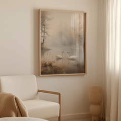 Wood-framed canvas wall art print of swans on a misty lake above a white armchair in a room.