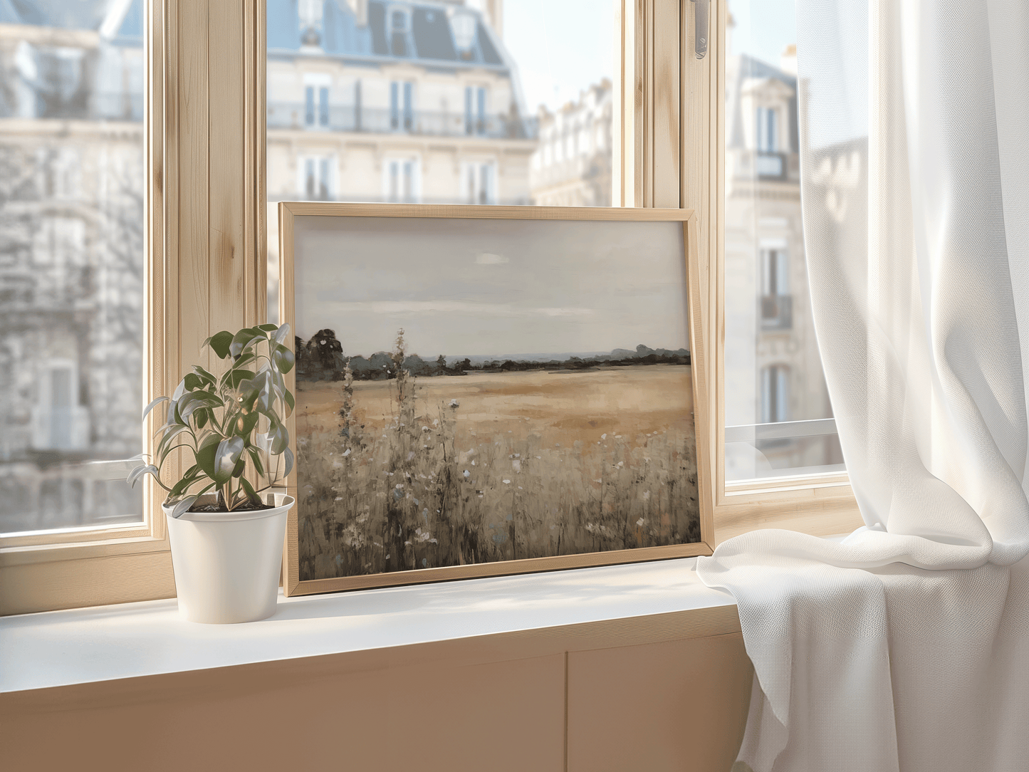 Neutral vintage landscape wall art framed print with wildflowers, countryside scene displayed on a window shelf with potted plant.